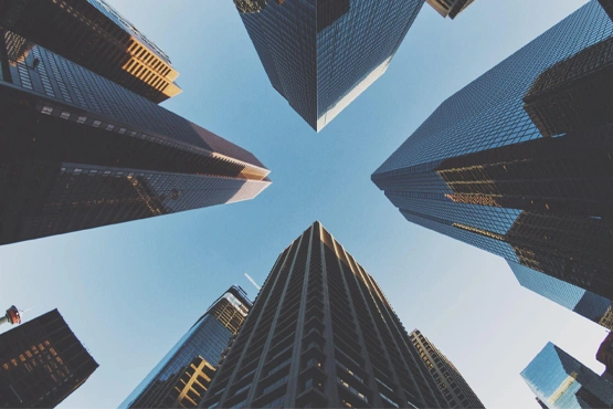 Low angle view of tall buildings.